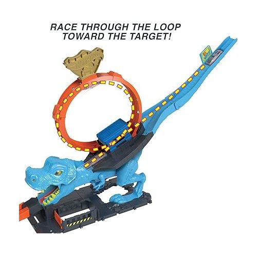  Hot Wheels Toy Car Track Set City T-Rex Chomp Down with 1:64 Scale Car, Knock Out The Giant Dinosaur with Stunts