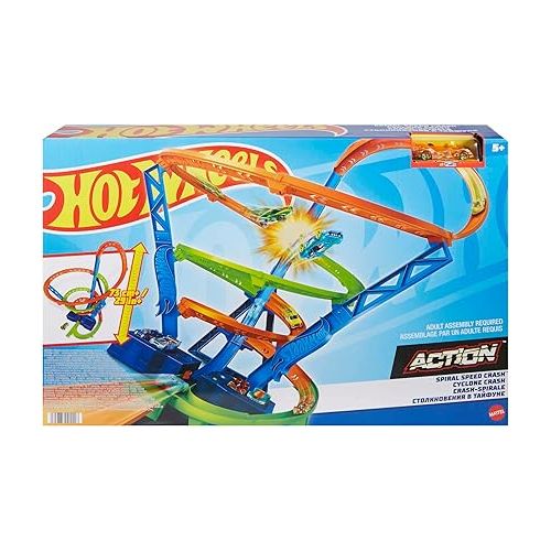  Hot Wheels Toy Car Track Set Spiral Speed Crash, Powered by Motorized Booster, 29-in Tall Track with 1:64 Scale Car