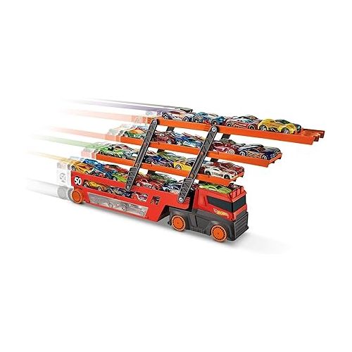  Hot Wheels Toy Car Track Set, Mega Hauler with 6 Expandable Levels, Storage for Up to 50 1:64 Scale Vehicles, Connects to Other Sets & Tracks