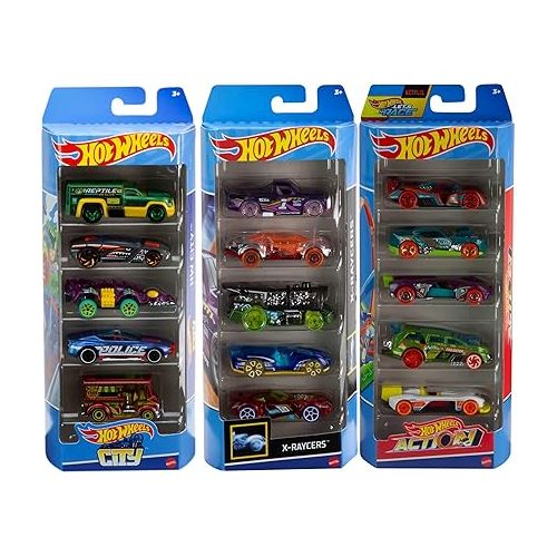  Hot Wheels Toy Cars, Bundle of 15 1:64 Scale Vehicles, includes 3 5-Packs with Different Themes: HW City, X-Raycers & Track Pack [Amazon Exclusive]