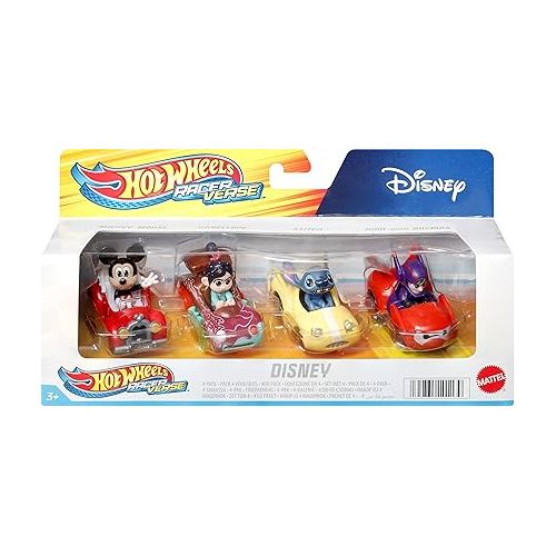  Hot Wheels Mattel Disney and Pixar RacerVerse 4-Pack of 1:64 Scale Die-Cast Cars with Character Drivers, Optimized for Track Racing