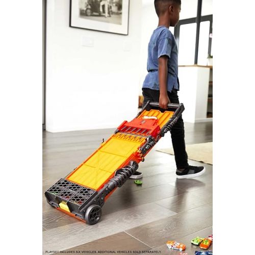  Hot Wheels Toy Car Track Set Super 6-Lane Raceway, 8ft Track that Rolls Up for Storage, 6 1:64 Scale Cars (Amazon Exclusive)