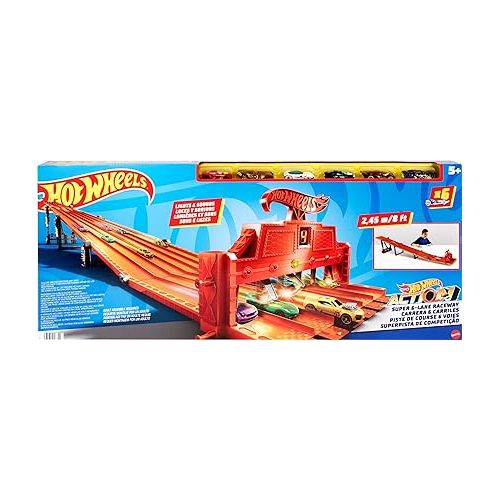  Hot Wheels Toy Car Track Set Super 6-Lane Raceway, 8ft Track that Rolls Up for Storage, 6 1:64 Scale Cars (Amazon Exclusive)