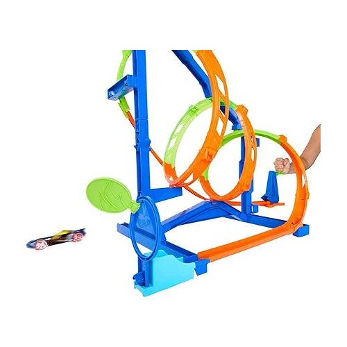  Hot Wheels Track Set with 1 Car, STEAM Flight Path Challenge, Learn The Basic Physics of Trajectory, Track Storage