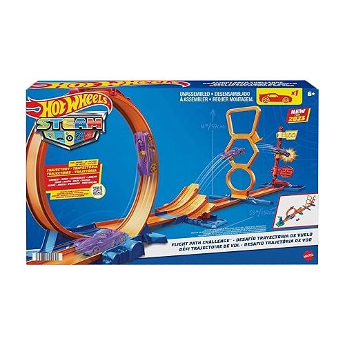  Hot Wheels Track Set with 1 Car, STEAM Flight Path Challenge, Learn The Basic Physics of Trajectory, Track Storage