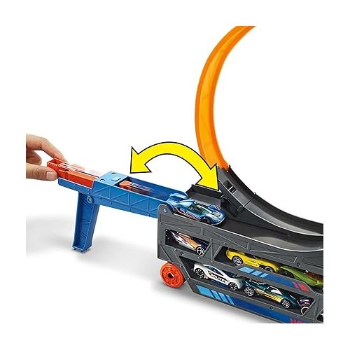  Hot Wheels Stunt & Go Track Set with 1 Toy Car, Transforming Hauler Truck with Launcher, Stores 18 1:64 Scale Cars