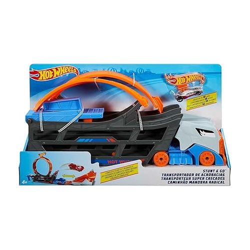  Hot Wheels Stunt & Go Track Set with 1 Toy Car, Transforming Hauler Truck with Launcher, Stores 18 1:64 Scale Cars