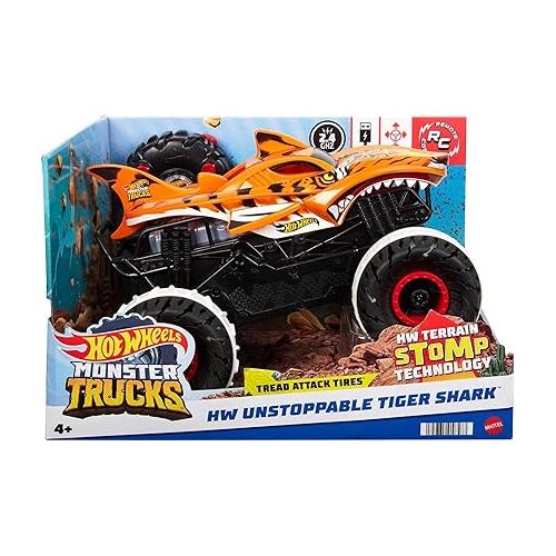  Hot Wheels RC Toy, Remote-Control Monster Trucks Unstoppable Tiger Shark in 1:15 Scale with Terrain Action Tires