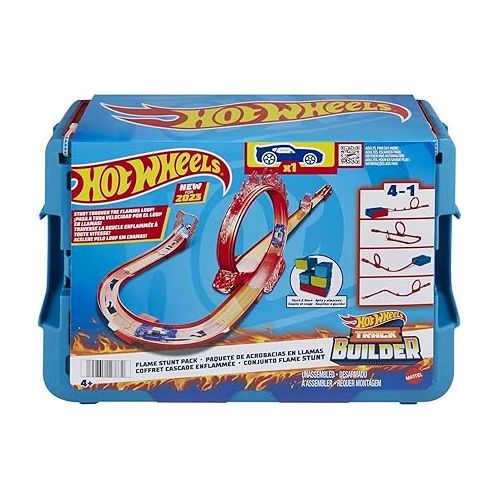  Hot Wheels Track Builder Playset Flame Stunt Pack with 16 Component Parts & 1:64 Scale Toy Car in Storage Container Multi
