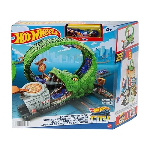  Hot Wheels Toy Car Track Set Gator Loop Attack Playset in Pizza Place with 1:64 Scale Car, Connects to Other Sets
