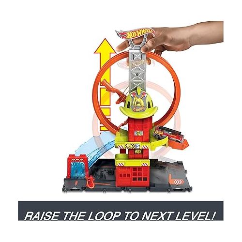  Hot Wheels City Toy Car Track Set, Super Loop Fire Station & 1:64 Scale Firetruck, Connects to Other Sets