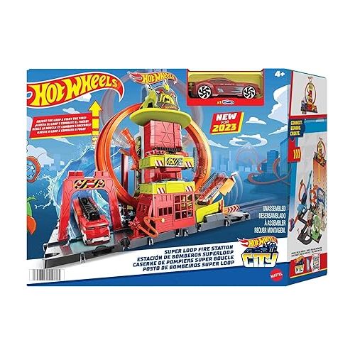  Hot Wheels Toy Car Track Set City Super Loop Fire Station & 1:64 Scale Firetruck, Connects to Other Sets