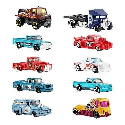  Hot Wheels 10-Pack, Set of 10 Toy Trucks in 1:64 Scale, Mix of Officially Licensed & Unlicensed Pick-Ups, Rescue or Semi Trucks (Styles May Vary)