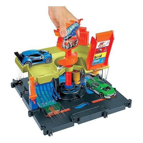  Hot Wheels City Toy Car Track Set, Downtown Express Car Wash Playset with 1:64 Scale Vehicle, Foam Roller & Drying Flaps