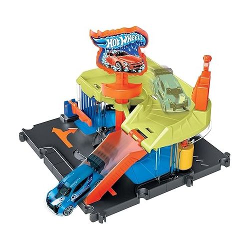  Hot Wheels City Toy Car Track Set, Downtown Express Car Wash Playset with 1:64 Scale Vehicle, Foam Roller & Drying Flaps