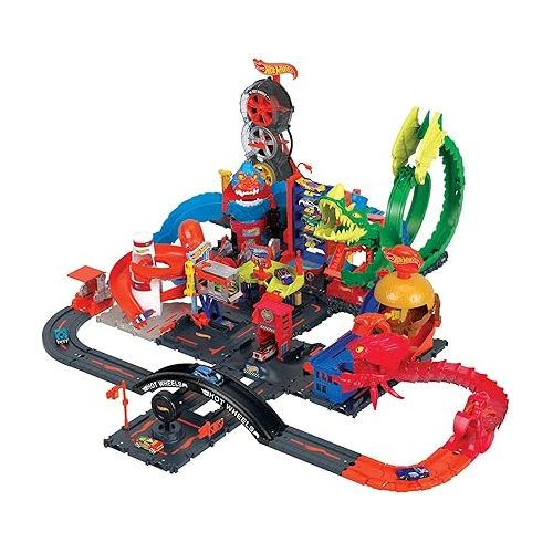  Hot Wheels City Toy Car Track Set, Downtown Express Car Wash Playset with 1:64 Scale Vehicle, Foam Roller & Drying Flaps