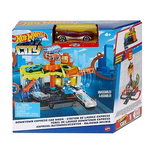  Hot Wheels City Toy Car Track Set, Downtown Express Car Wash Playset with 1:64 Scale Vehicle, Foam Roller & Drying Flaps