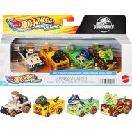 Hot Wheels Toy Cars, RacerVerse 4-Pack of Die-Cast Vehicles Featuring Jurassic World Characters Charlie, Owen, Dilophosaurus & Allosaurus as Drivers