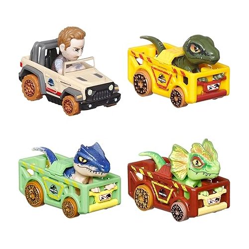  Hot Wheels Toy Cars, RacerVerse 4-Pack of Die-Cast Vehicles Featuring Jurassic World Characters Charlie, Owen, Dilophosaurus & Allosaurus as Drivers