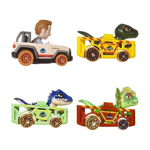  Hot Wheels Toy Cars, RacerVerse 4-Pack of Die-Cast Vehicles Featuring Jurassic World Characters Charlie, Owen, Dilophosaurus & Allosaurus as Drivers