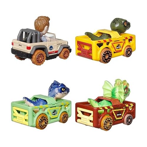  Hot Wheels Toy Cars, RacerVerse 4-Pack of Die-Cast Vehicles Featuring Jurassic World Characters Charlie, Owen, Dilophosaurus & Allosaurus as Drivers