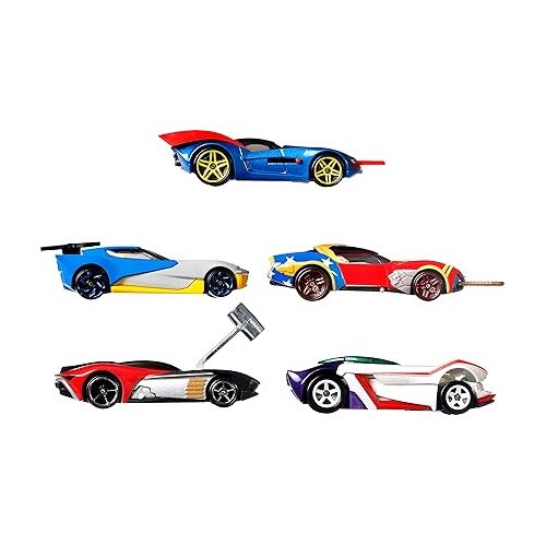  Hot Wheels Toy Cars 5-Pack, Set of 5 DC Character Cars in 1:64 Scale: Superman, Batman, Wonder Woman, The Joker GT & Harley Quinn