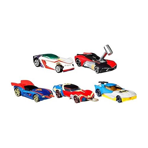  Hot Wheels Toy Cars 5-Pack, Set of 5 DC Character Cars in 1:64 Scale: Superman, Batman, Wonder Woman, The Joker GT & Harley Quinn