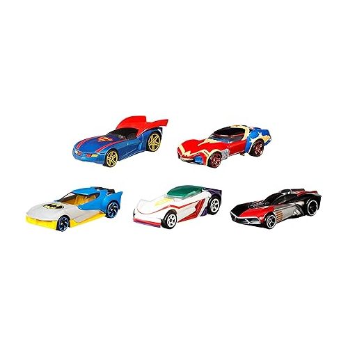  Hot Wheels Toy Cars 5-Pack, Set of 5 DC Character Cars in 1:64 Scale: Superman, Batman, Wonder Woman, The Joker GT & Harley Quinn