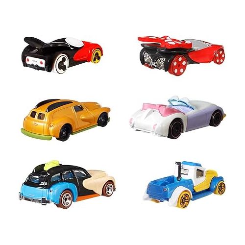  Hot Wheels Mattel Disney Character Cars, 6-Pack 1:64 Scale Toy Cars in Collectible Packaging: Mickey, Minnie, Pluto, Daisy, Donald & Goofy