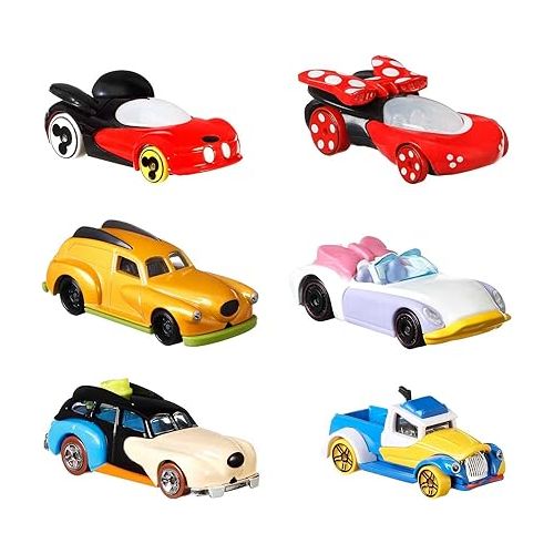  Hot Wheels Mattel Disney Character Cars, 6-Pack 1:64 Scale Toy Cars in Collectible Packaging: Mickey, Minnie, Pluto, Daisy, Donald & Goofy
