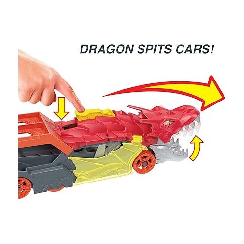  Hot Wheels City Toy Car Track Set, Dragon Launch Transporter & 1:64 Scale Car, Launch Vehicles from Creature's Mouth, Stores up to 5 Vehicles