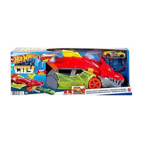  Hot Wheels City Toy Car Track Set, Dragon Launch Transporter & 1:64 Scale Car, Launch Vehicles from Creature's Mouth, Stores up to 5 Vehicles