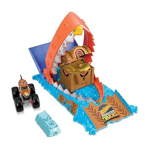  Hot Wheels Monster Trucks Arena Smashers Treasure Chomp Challenge Playset with 1:64 Scale Tiger Shark Toy Monster Truck & 1 Crushed Car