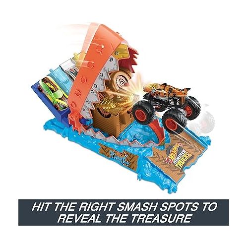  Hot Wheels Monster Trucks Toy Truck & Playset, Arena Smashers Treasure Chomp Challenge with 1:64 Scale Tiger Shark & 1 Crushed Car