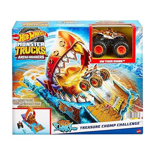  Hot Wheels Monster Trucks Arena Smashers Treasure Chomp Challenge Playset with 1:64 Scale Tiger Shark Toy Monster Truck & 1 Crushed Car