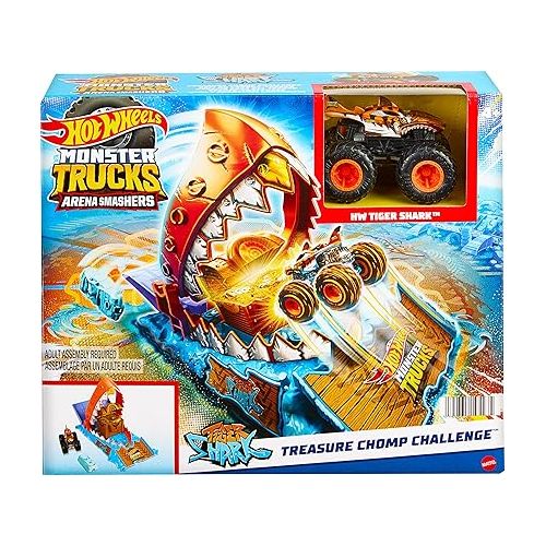  Hot Wheels Monster Trucks Toy Truck & Playset, Arena Smashers Treasure Chomp Challenge with 1:64 Scale Tiger Shark & 1 Crushed Car