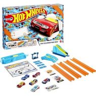 Hot Wheels HW Celebration Box Complete Starter Set with 6 Hot Wheels 1:64 Scale Cars, Track, Connectors, 4-Speed Launcher, Ramps, Activity Page & Stickers, Gift for Kids 4 Years Old & Up