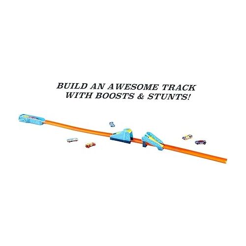  Hot Wheels Toy Cars & Track Set, HW Celebration Box of 6 1:64 Scale Vehicles, Track, Connectors, 4-Speed Launcher, Ramps, Activity Page & Stickers