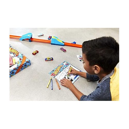  Hot Wheels Toy Cars & Track Set, HW Celebration Box of 6 1:64 Scale Vehicles, Track, Connectors, 4-Speed Launcher, Ramps, Activity Page & Stickers