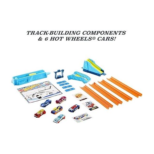  Hot Wheels HW Celebration Box Complete Starter Set with 6 Hot Wheels 1:64 Scale Cars, Track, Connectors, 4-Speed Launcher, Ramps, Activity Page & Stickers, Gift for Kids 4 Years Old & Up