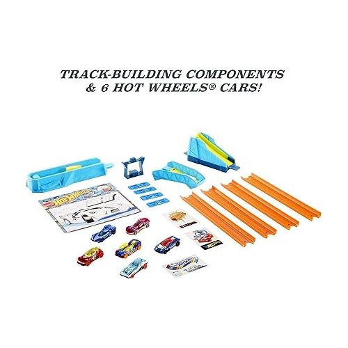  Hot Wheels Toy Cars & Track Set, HW Celebration Box of 6 1:64 Scale Vehicles, Track, Connectors, 4-Speed Launcher, Ramps, Activity Page & Stickers