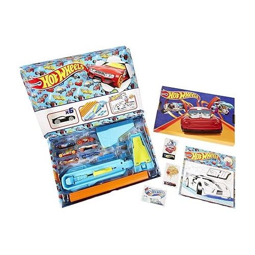  Hot Wheels Toy Cars & Track Set, HW Celebration Box of 6 1:64 Scale Vehicles, Track, Connectors, 4-Speed Launcher, Ramps, Activity Page & Stickers