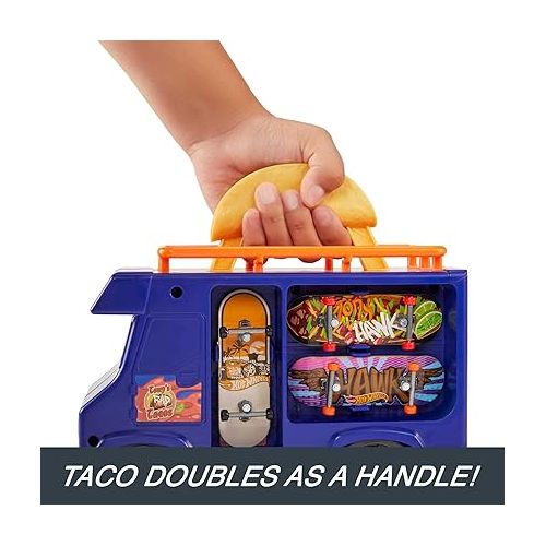  Hot Wheels Skate Taco Truck Play Case, Portable Fingerboard Skate Set with 1 Exclusive Board, 1 Pair of Removable Skate Shoes & Storage