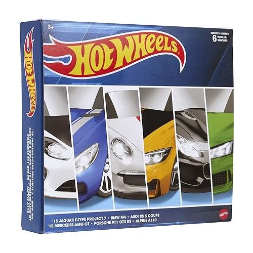  Hot Wheels Themed Multipacks of 6 Toy Cars, 1:64 Scale, Authentic Decos, Popular Castings, Rolling Wheels, Gift for Kids 3 Years Old & Up & Collectors