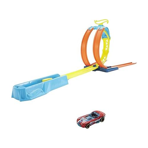  Hot Wheels Toy Car Track Set, Track Builder Playset, Split Loop Pack & 1:64 Scale Vehicle, Compatible with Other Sets & Tracks