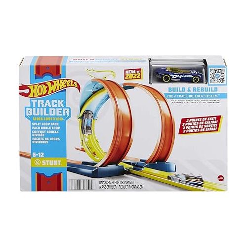  Hot Wheels Toy Car Track Set, Track Builder Playset, Split Loop Pack & 1:64 Scale Vehicle, Compatible with Other Sets & Tracks
