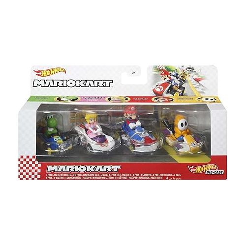  Hot Wheels Mario Kart Toy Vehicle 4-Pack, Collectible Set of 4 Fan-Favorite Characters includes First-Appearance Orange Shy Guy