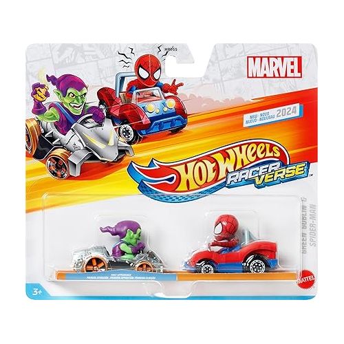  Hot Wheels RacerVerse Toy Cars 2-Pack, Set of 2 Die-Cast Vehicles with Character Driver, Optimized for Track Performance : Spider Man & Green Goblin