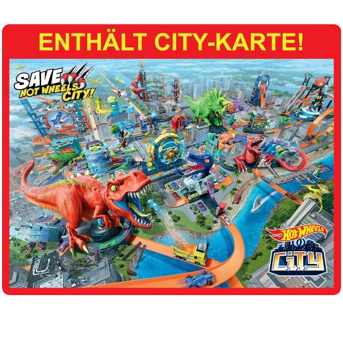  [아마존 핫딜]  [아마존핫딜]Hot Wheels GFH88 - City T-Rex Attacke Dinosaurier Trackset Spielset mit Auto, Spielzeug ab 5 Jahren