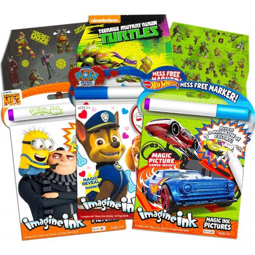  Imagine Ink Coloring Book Bundle Including 3 No Mess Magic Ink Activity Books Featuring Hot Wheels, Paw Patrol, and Despicable Me Minions with 300 TMNT Stickers